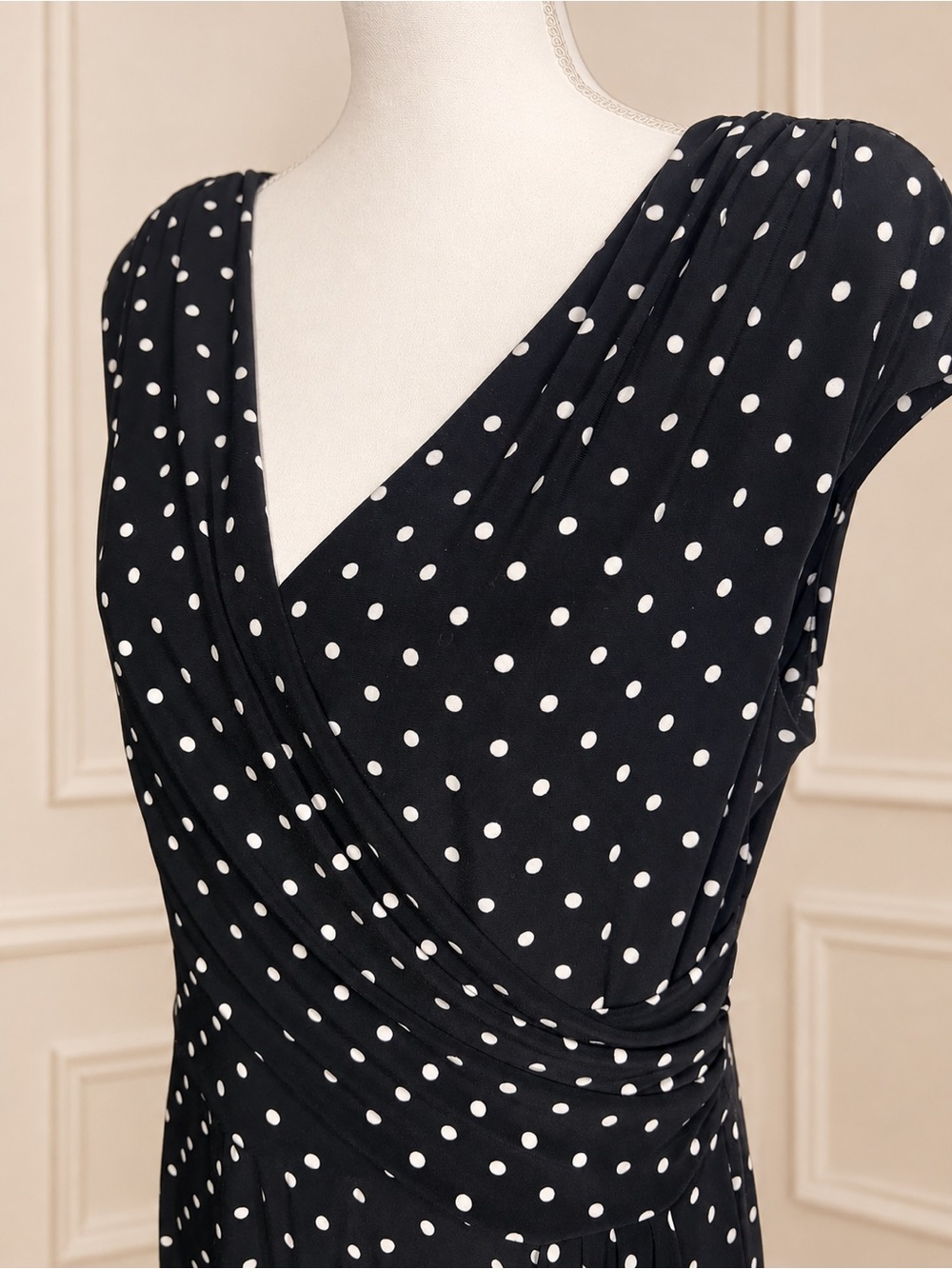 Lauren Ralph Lauren Polka Dot Faux Wrap Midi Dress Black White Size 14 - Picture 3 of 6
